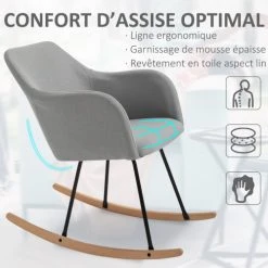 Homcom Fauteuils Fauteuil à Bascule Grand Confort Lin Gris -Fauteuils, poufs et repose-pieds Soldes fauteuil a bascule grand confort lin gris 3