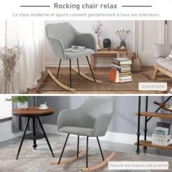 Homcom Fauteuils Fauteuil à Bascule Grand Confort Lin Gris -Fauteuils, poufs et repose-pieds Soldes fauteuil a bascule grand confort lin gris 5