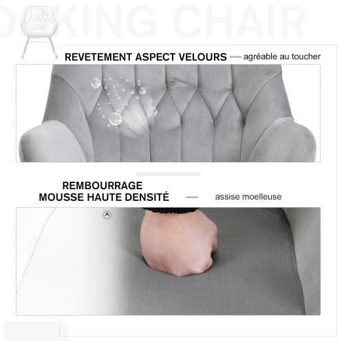 Homcom Fauteuils Fauteuil à Bascule Grand Confort Velours Gris Clair 5 Homcom Fauteuils Fauteuil à Bascule Grand Confort Velours Gris Clair – Image 5