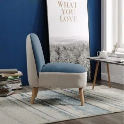 ATHM DESIGN Fauteuils Fauteuil Assise Polyester Bleu Pieds Bois -Fauteuils, poufs et repose-pieds Soldes fauteuil assise polyester bleu pieds bois 2