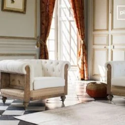 PIB Fauteuils Fauteuil Chesterfield En Lin Beige -Fauteuils, poufs et repose-pieds Soldes fauteuil chesterfield en lin beige 4