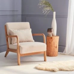 Fauteuils, poufs et repose-pieds Soldes -Fauteuils, poufs et repose-pieds Soldes fauteuil design beige en bois et tissu 1