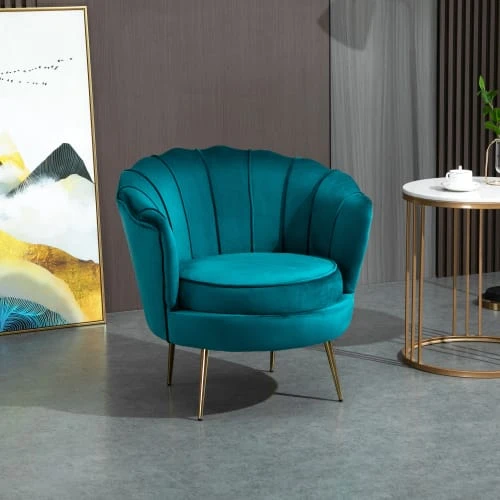 Homcom Fauteuils Fauteuil Design Coquillage Pieds Dorés Effilés Velours Bleu Canard 2 Homcom Fauteuils Fauteuil Design Coquillage Pieds Dorés Effilés Velours Bleu Canard – Image 2