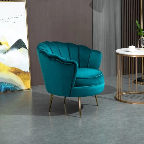 Homcom Fauteuils Fauteuil Design Coquillage Pieds Dorés Effilés Velours Bleu Canard 4 Homcom Fauteuils Fauteuil Design Coquillage Pieds Dorés Effilés Velours Bleu Canard – Image 4