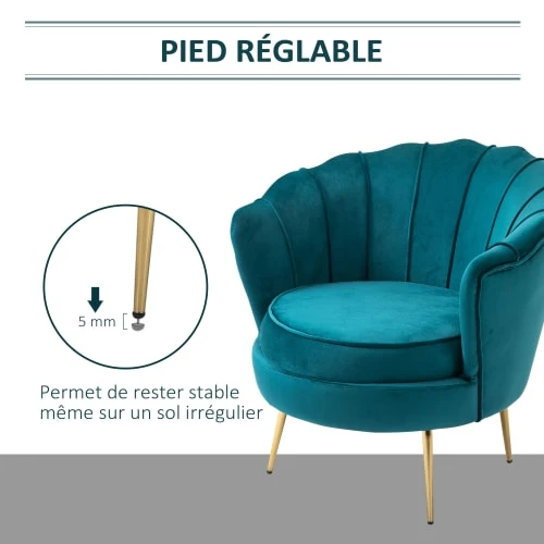 Homcom Fauteuils Fauteuil Design Coquillage Pieds Dorés Effilés Velours Bleu Canard 5 Homcom Fauteuils Fauteuil Design Coquillage Pieds Dorés Effilés Velours Bleu Canard – Image 5