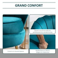 Homcom Fauteuils Fauteuil Design Coquillage Pieds Dorés Effilés Velours Bleu Canard 11 Homcom Fauteuils Fauteuil Design Coquillage Pieds Dorés Effilés Velours Bleu Canard -Fauteuils, poufs et repose-pieds Soldes fauteuil design coquillage pieds dores effiles velours bleu canard 5