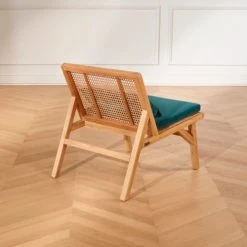 Robin Des Bois Fauteuils Fauteuil En Cannage Chêne Clair Et Velours Bleu Paon -Fauteuils, poufs et repose-pieds Soldes fauteuil en cannage chene clair et velours bleu paon 2