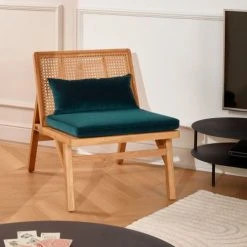 Robin Des Bois Fauteuils Fauteuil En Cannage Chêne Clair Et Velours Bleu Paon -Fauteuils, poufs et repose-pieds Soldes fauteuil en cannage chene clair et velours bleu paon 3