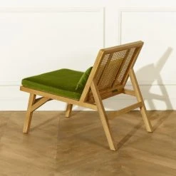 Robin Des Bois Fauteuils Fauteuil En Cannage Chêne Clair Et Velours Bleu Paon -Fauteuils, poufs et repose-pieds Soldes fauteuil en cannage chene clair et velours bleu paon 4