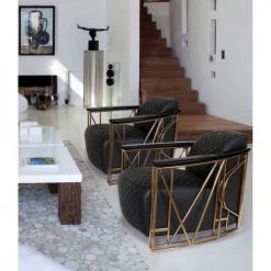 Now’s Home Fauteuils Fauteuil En Cuir Matelassé Noir Structure En Inox Cuivré -Fauteuils, poufs et repose-pieds Soldes fauteuil en cuir matelasse noir structure en inox cuivre 4