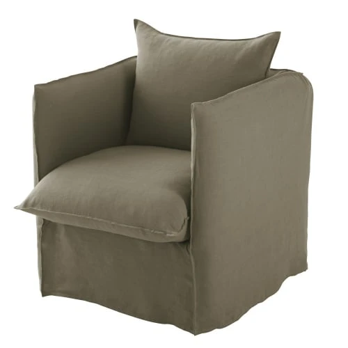 Maisons Du Monde Fauteuils Fauteuil En Lin Froissé Vert Kaki 2 Maisons Du Monde Fauteuils Fauteuil En Lin Froissé Vert Kaki – Image 2