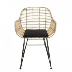 MACABANE Fauteuils Fauteuil En Rotin Naturel Coussin Noir Pieds En Métal