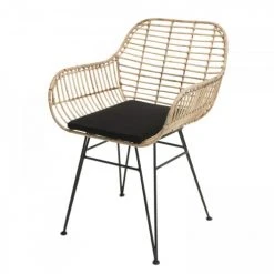 MACABANE Fauteuils Fauteuil En Rotin Naturel Coussin Noir Pieds En Métal -Fauteuils, poufs et repose-pieds Soldes fauteuil en rotin naturel coussin noir pieds en metal 3