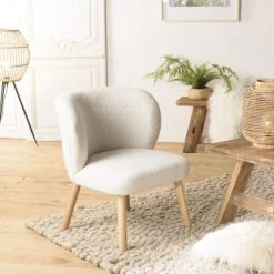 Fauteuils, poufs et repose-pieds Soldes -Fauteuils, poufs et repose-pieds Soldes fauteuil en tissu bouclette blanc pieds en bois 1