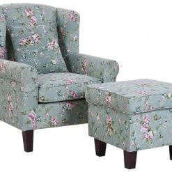 Beliani Fauteuils Fauteuil En Tissu Vert à Motif Floral Avec Repose-pieds