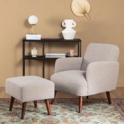 Drawer Fauteuils Fauteuil Rétro En Tissu Bouclette Pieds Bois Foncé Gris Clair -Fauteuils, poufs et repose-pieds Soldes fauteuil retro en tissu bouclette pieds bois fonce gris clair 5