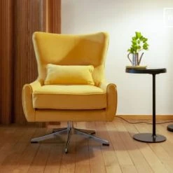 PIB Fauteuils Fauteuil Rotatif En Velours Jaune -Fauteuils, poufs et repose-pieds Soldes fauteuil rotatif en velours jaune 4