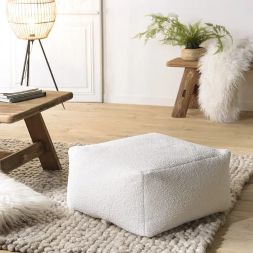 MACABANE Poufs Pouf Carré 53x53cm Tissu Bouclette Blanc 2 MACABANE Poufs Pouf Carré 53x53cm Tissu Bouclette Blanc – Image 2