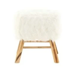 Grenier Alpin Poufs Pouf Carré Fourrure Synthétique Blanche Et Pin -Fauteuils, poufs et repose-pieds Soldes pouf carre fourrure synthetique blanche et pin 3