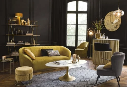 Maisons Du Monde Poufs Pouf En Velours Jaune Et Métal Doré 2 Maisons Du Monde Poufs Pouf En Velours Jaune Et Métal Doré – Image 2