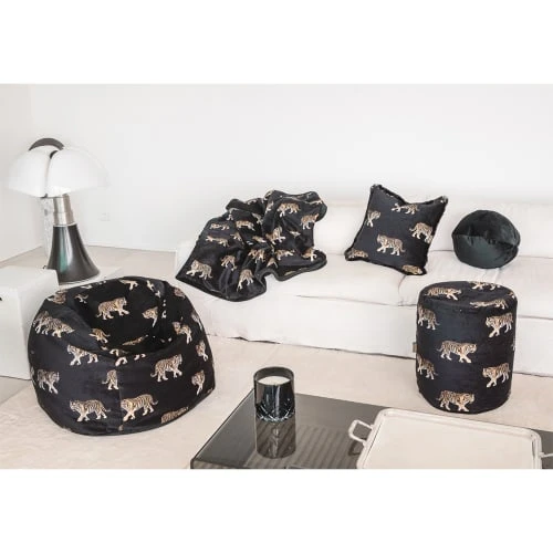 MX HOME Poufs Pouf En Velours Noir Avec Tigres Brodées 2 MX HOME Poufs Pouf En Velours Noir Avec Tigres Brodées – Image 2