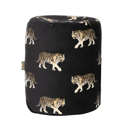 MX HOME Poufs Pouf En Velours Noir Avec Tigres Brodées 1 MX HOME Poufs Pouf En Velours Noir Avec Tigres Brodées