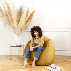 Sitting Point Poufs Pouf Poire XXL D'intérieur Aspect Velours Moutarde 80x130cm -Fauteuils, poufs et repose-pieds Soldes pouf poire xxl d interieur aspect velours moutarde 80x130cm 5
