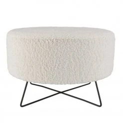 MACABANE Poufs Pouf Rond Tissu Bouclette Blanc Pieds Croisés Métal Noir -Fauteuils, poufs et repose-pieds Soldes pouf rond tissu bouclette blanc pieds croises metal noir 2