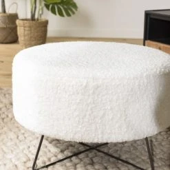 MACABANE Poufs Pouf Rond Tissu Bouclette Blanc Pieds Croisés Métal Noir -Fauteuils, poufs et repose-pieds Soldes pouf rond tissu bouclette blanc pieds croises metal noir 3