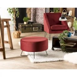 MACABANE Poufs Pouf Rond Tissu Velours Bordeaux Pieds Métal -Fauteuils, poufs et repose-pieds Soldes pouf rond tissu velours bordeaux pieds metal 5
